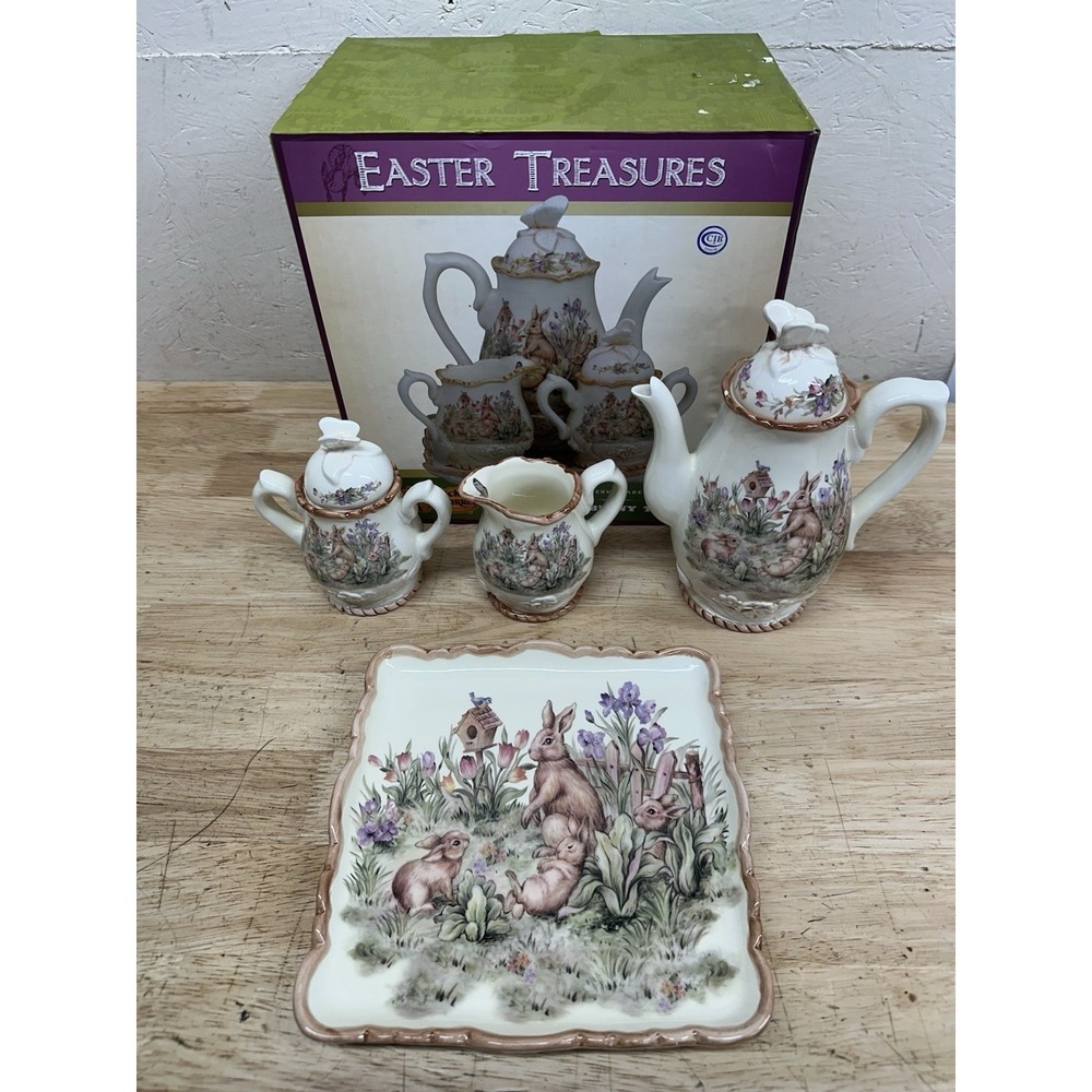 Cracker Barrel Easter Treasures Bunny Teapot Creamer Sugar Set Tray